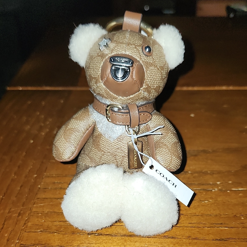Coach Bear Bag Charm Key Ring 77676 Signature Canvas Leather Shearling